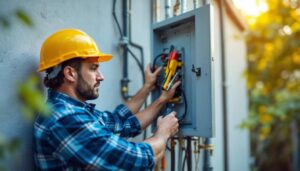 A photograph of a skilled electrician replacing an outdoor electrical panel cover