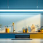 A photograph of a modern kitchen featuring a stylish fluorescent light fixture