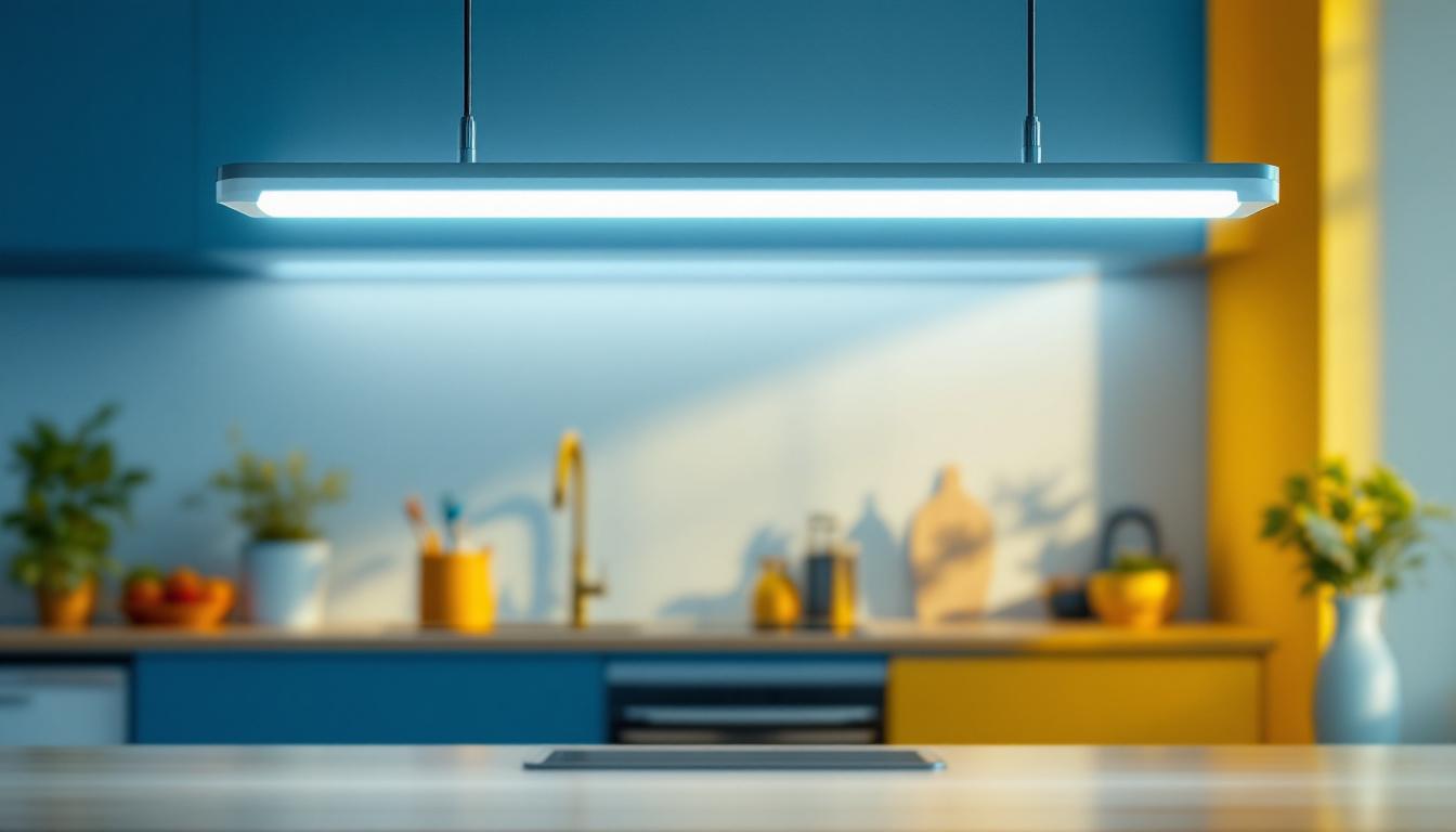 A photograph of a modern kitchen featuring a stylish fluorescent light fixture