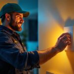 A photograph of a lighting contractor expertly installing a 20 amp 3-way switch in a well-lit residential space