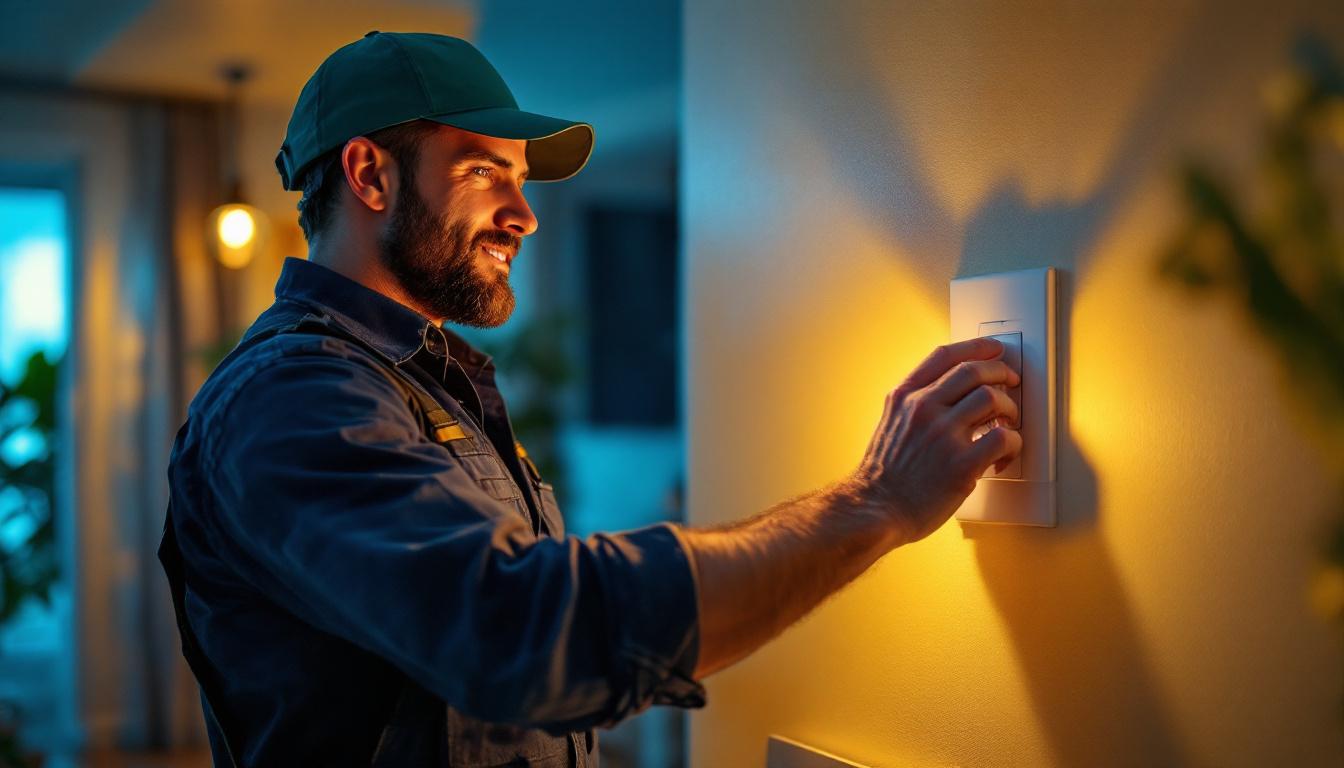 A photograph of a lighting contractor expertly installing a 20 amp 3-way switch in a well-lit residential space