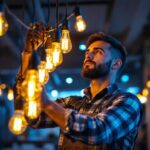 A photograph of a lighting contractor expertly installing flicker light bulbs in a modern commercial space