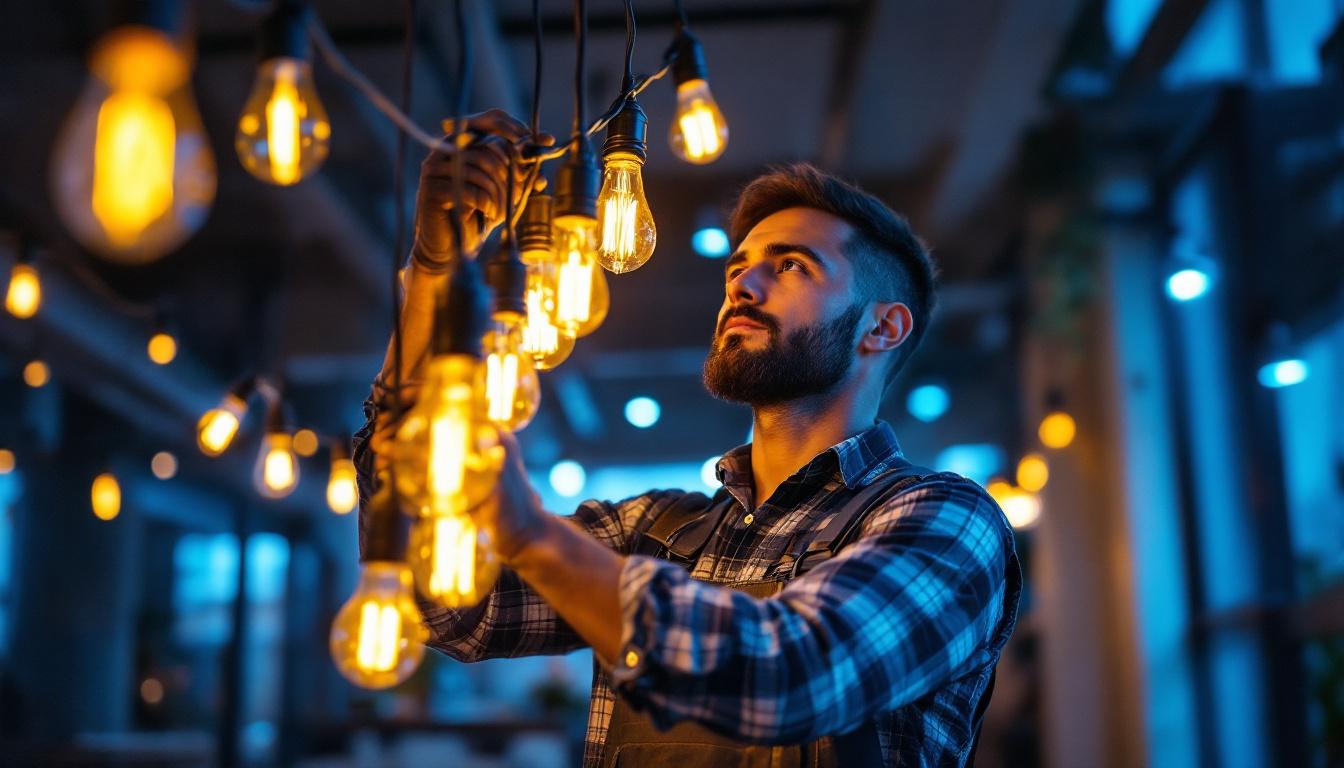 A photograph of a lighting contractor expertly installing flicker light bulbs in a modern commercial space