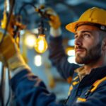 A photograph of a lighting contractor working on installing or replacing a 2 lamp ballast in a commercial setting