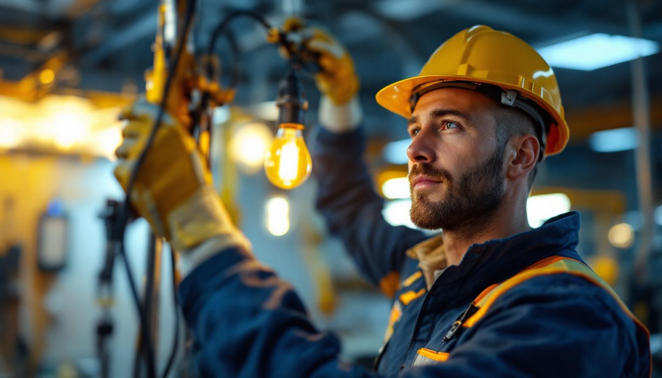 A photograph of a lighting contractor working on installing or replacing a 2 lamp ballast in a commercial setting