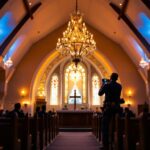 A photograph of a beautifully designed church chandelier illuminated in a serene worship setting