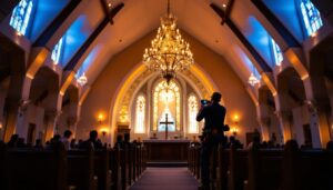 A photograph of a beautifully designed church chandelier illuminated in a serene worship setting