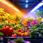 A photograph of a vibrant indoor garden illuminated by various types of grow lights