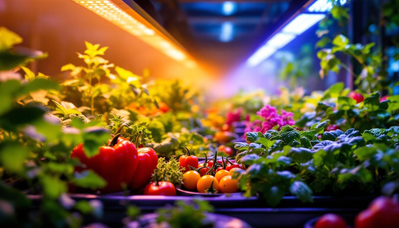 A photograph of a vibrant indoor garden illuminated by various types of grow lights