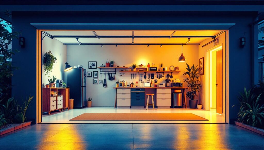 A photograph of a well-lit residential garage featuring various led light fixtures in use
