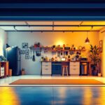 A photograph of a well-lit residential garage featuring various led light fixtures in use