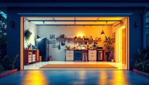 A photograph of a well-lit residential garage featuring various led light fixtures in use