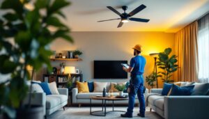 A photograph of a modern lighting contractor in action