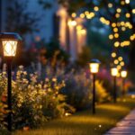 A photograph of a beautifully arranged outdoor scene featuring solar lights mounted on shepherd's hooks