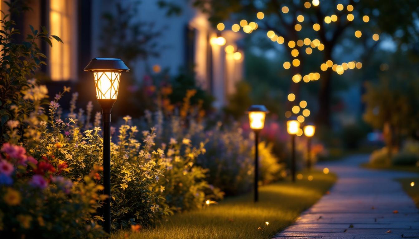 A photograph of a beautifully arranged outdoor scene featuring solar lights mounted on shepherd's hooks