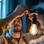 A photograph of a skilled lighting contractor expertly installing or adjusting a stylish light fixture in a modern setting