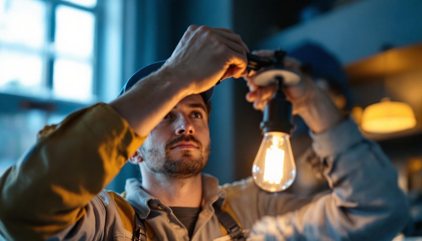 A photograph of a skilled lighting contractor expertly installing or adjusting a stylish light fixture in a modern setting