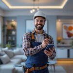 A photograph of a lighting contractor installing a modern wifi switch in a stylish residential setting