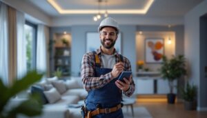 A photograph of a lighting contractor installing a modern wifi switch in a stylish residential setting