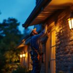 A photograph of a lighting contractor skillfully installing outdoor lighting fixtures on a residential property at dusk