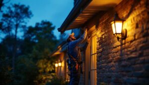 A photograph of a lighting contractor skillfully installing outdoor lighting fixtures on a residential property at dusk