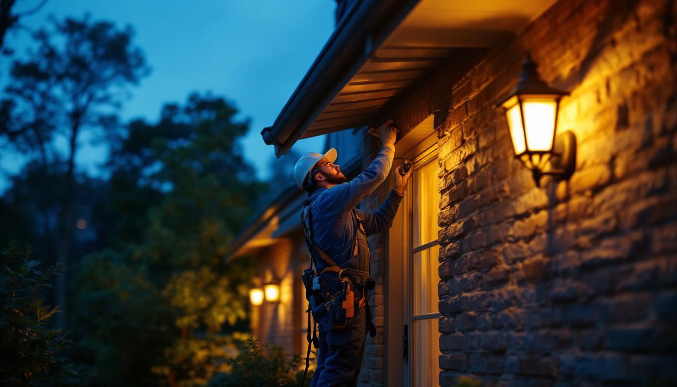 A photograph of a lighting contractor skillfully installing outdoor lighting fixtures on a residential property at dusk