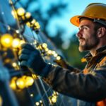 A photograph of a lighting contractor installing solar led lights in an outdoor setting