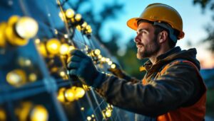 A photograph of a lighting contractor installing solar led lights in an outdoor setting