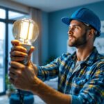 A photograph of a lighting contractor installing a cob led bulb in a modern residential setting