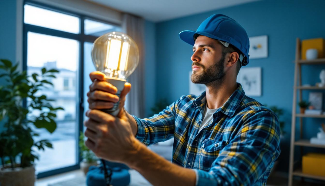 A photograph of a lighting contractor installing a cob led bulb in a modern residential setting