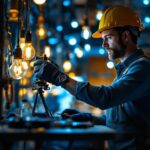 A photograph of a skilled lighting contractor at work