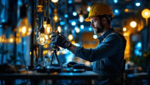 A photograph of a skilled lighting contractor at work