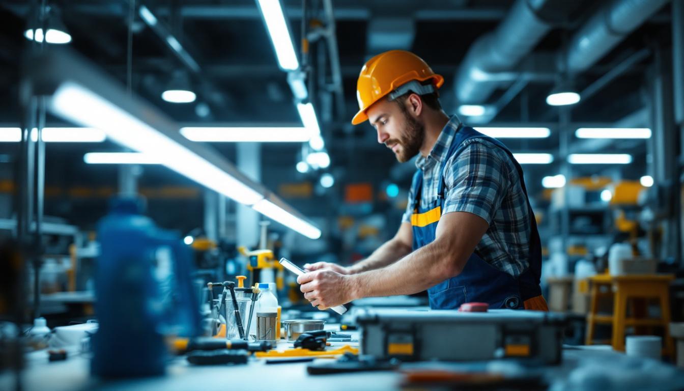 A photograph of a well-lit workspace featuring a lighting contractor installing or examining led t8 tube lamps