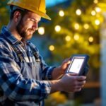 A photograph of a lighting contractor installing led flood lights in an outdoor setting