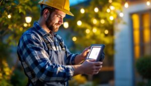 A photograph of a lighting contractor installing led flood lights in an outdoor setting