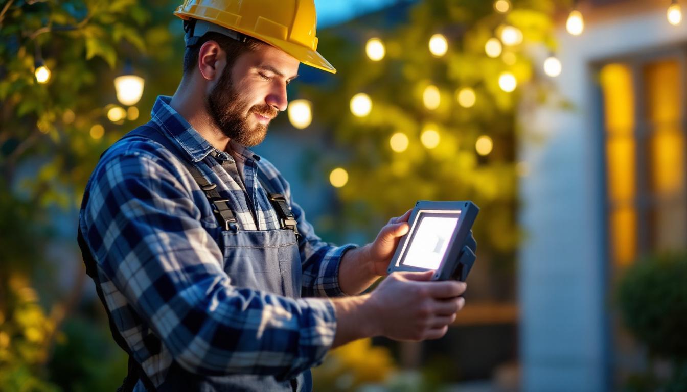 A photograph of a lighting contractor installing led flood lights in an outdoor setting