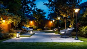 A photograph of a well-lit outdoor space showcasing various solar lights in use