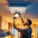A photograph of a skilled lighting contractor installing led square can lights in a modern home setting