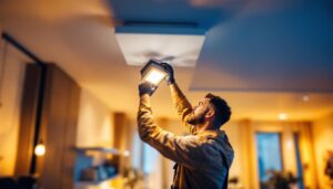 A photograph of a skilled lighting contractor installing led square can lights in a modern home setting