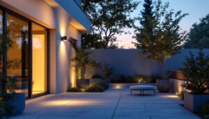 A photograph of a well-lit outdoor space featuring various exterior light timers in use