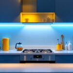 A photograph of a modern kitchen featuring sleek under cabinet hardwired led lighting that highlights energy-efficient appliances and enhances the overall ambiance