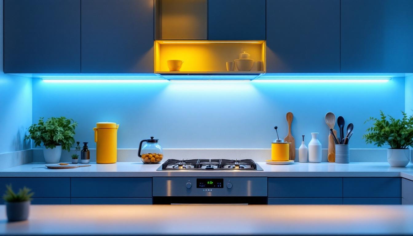 A photograph of a modern kitchen featuring sleek under cabinet hardwired led lighting that highlights energy-efficient appliances and enhances the overall ambiance