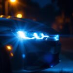 A photograph of a modern vehicle equipped with high-intensity discharge (hid) headlights illuminating a dark road