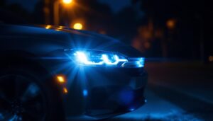 A photograph of a modern vehicle equipped with high-intensity discharge (hid) headlights illuminating a dark road