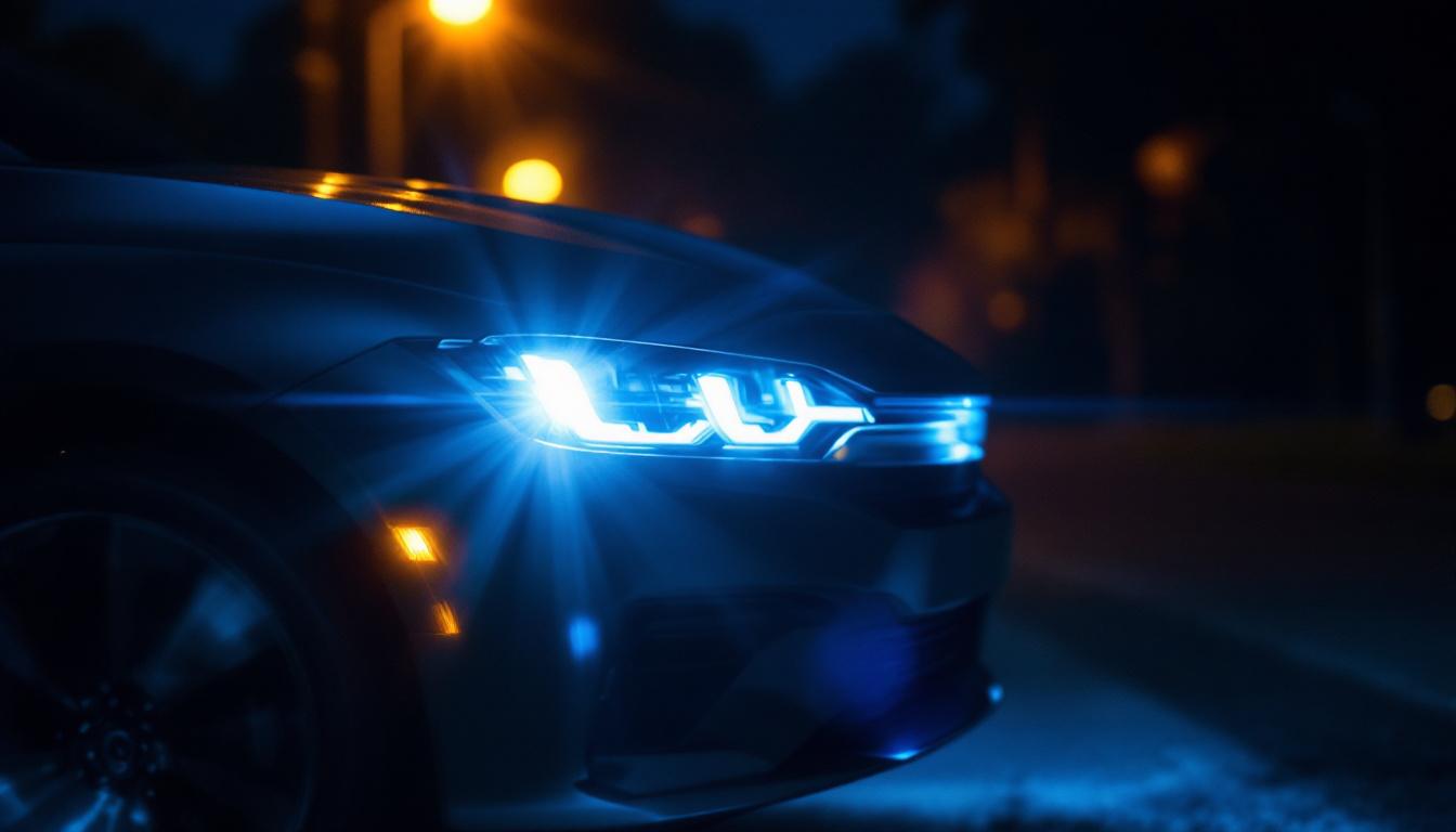 A photograph of a modern vehicle equipped with high-intensity discharge (hid) headlights illuminating a dark road