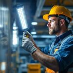 A photograph of a lighting contractor installing high-intensity led lights in a commercial setting