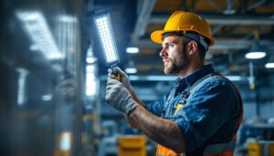 A photograph of a lighting contractor installing high-intensity led lights in a commercial setting