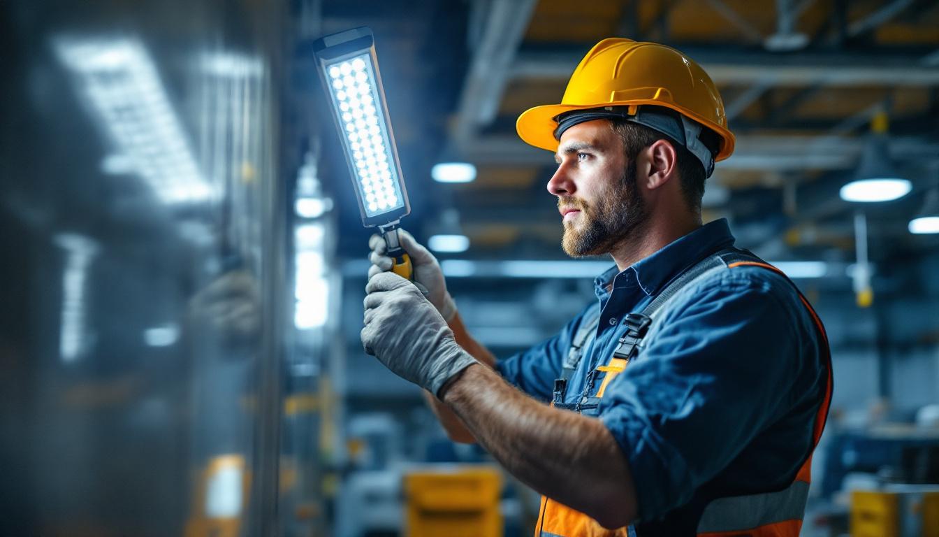 A photograph of a lighting contractor installing high-intensity led lights in a commercial setting