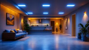 A photograph of a well-lit basement featuring modern led ceiling lights