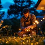 A photograph of a skilled lighting contractor expertly installing vintage solar lights in a beautifully landscaped outdoor setting